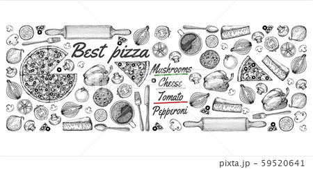 Vintage drawing, pizza, table, organic food ingredients. Hand drawn pizza illustration. Great for Vintage drawing, pizza, table, organic food ingredients. Hand drawn pizza illustration. Great for 59520641