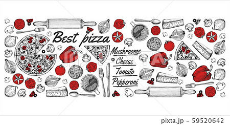 Vintage drawing, pizza, table, organic food ingredients. Hand drawn pizza illustration. Great for Vintage drawing, pizza, table, organic food ingredients. Hand drawn pizza illustration. Great for 59520642