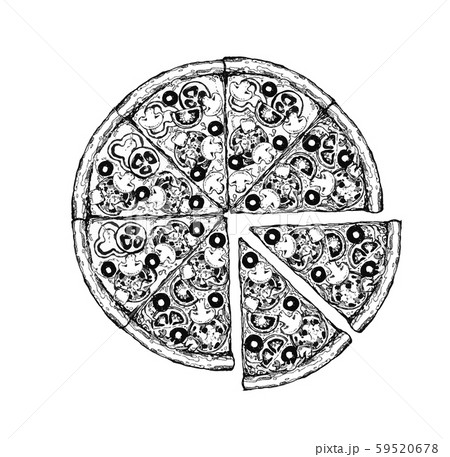 Vintage drawing, pizza, table, organic food ingredients. Hand drawn pizza illustration. Great for 59520678