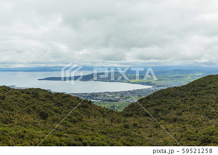 ニュージーランド　タウポ　タウハラ山頂から見えるタウポの街とタウポ湖 59521258
