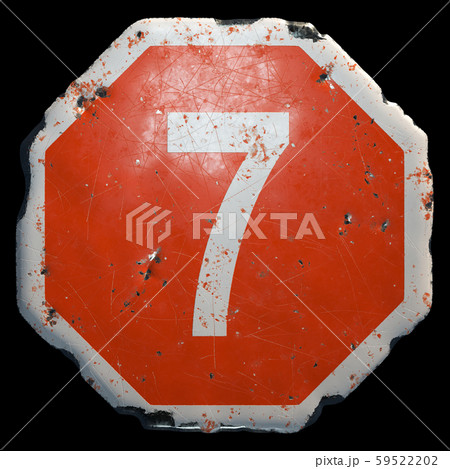 Public road sign in red and white with a capitol letter 7 in the center isolated on black background Public road sign in red and white with a capitol letter 7 in the center isolated on black background 59522202