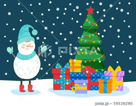 Winter Card with Snowman, Tree and Gift Vector 59526290