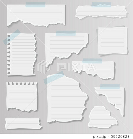 Paper notes on stickers, notepads and memo messages torn paper sheets. Texture page, textured memo sheet or notebook shred. Vector illustration isolated sign set. 59526323