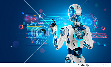 Robot with AI stands with back to viewer and works with industrial 3d virtual interface. Cyborg rear Robot with AI stands with back to viewer and works with industrial 3d virtual interface. Cyborg rear 59528386