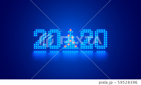 Hanging 2020 number year or digits and Christmas tree consisting blue shining neon square pixels Hanging 2020 number year or digits and Christmas tree consisting blue shining neon square pixels 59528396