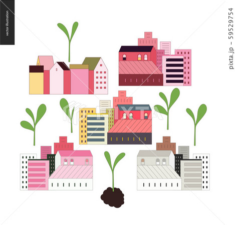 Urban farming and gardening - houses and sprouts Urban farming and gardening - houses and sprouts 59529754