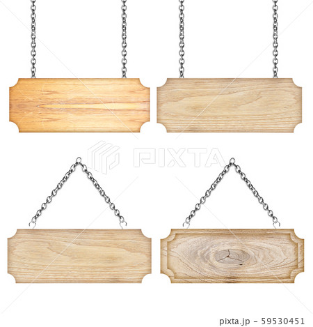 Wooden sign hanging on a chain isolated on white 59530451