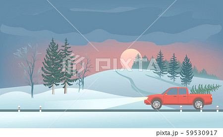 Pickup with christmas tree.Winter landscape. Fir Trees and road. 59530917