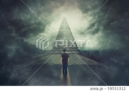 wanderer guy confident walking a surreal road and wanderer guy confident walking a surreal road and 59531312