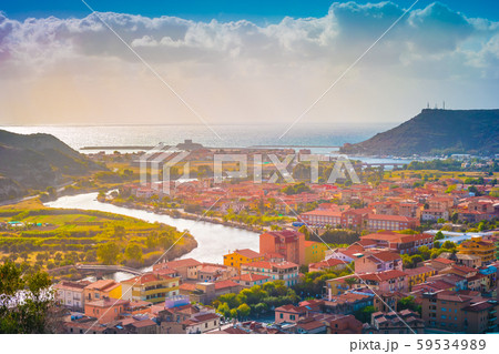 View from above on the town Bosa, the province of 59534989