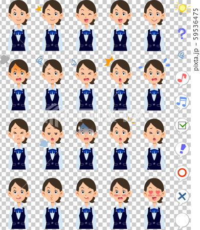 青いリボンの制服を着た働く女性の種類の表情のイラスト素材