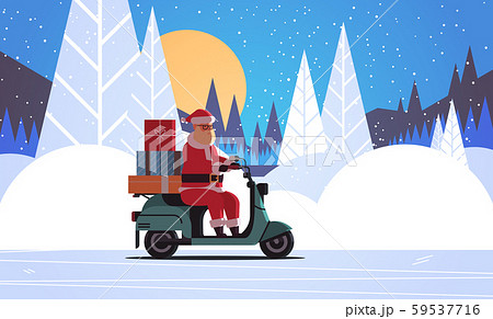 santa claus with gift present boxes riding delivery scooter merry christmas happy new year winter 59537716