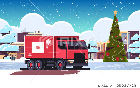 santa claus driving delivery van with gift box container shipping transport for merry christmas 59537718