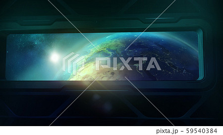 Earth from the porthole of the spaceship, 3D render Earth from the porthole of the spaceship, 3D render 59540384