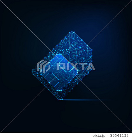 Futuristic glowing low polygonal sim card made of lines, light particles on dark blue background. 59541135
