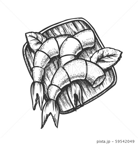 Shrimps With Basil On Wooden Board Ink Vectorのイラスト素材