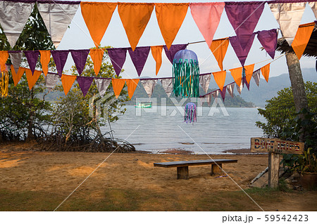 Festive multicolored flags decoration on the beach in the tropics on the background of the sea Festive multicolored flags decoration on the beach in the tropics on the background of the sea 59542423