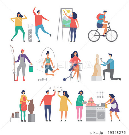 Male and female hobbies. People working love gardening cooking painting hobby occupation vector Male and female hobbies. People working love gardening cooking painting hobby occupation vector 59543276