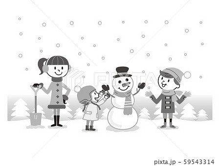 子供たち 雪遊び モノクロ イラスト のイラスト素材