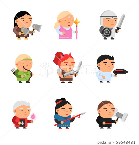 Game fantasy characters. Computer 2d gaming fairy tale mascot sprite cartoons knight soldiers elf 59543431