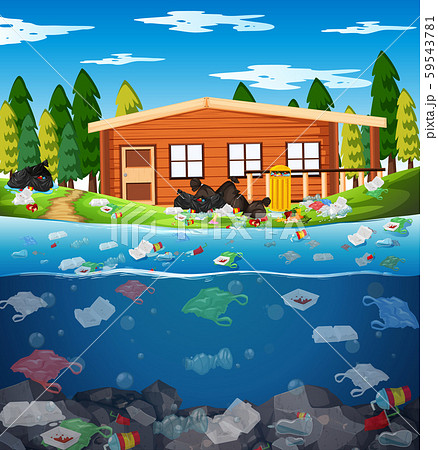 Water pollution with plastic bags in river - Stock Illustration [59543781]  - PIXTA
