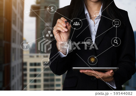 Digital marketing media in virtual icon globe shape business open his hand, working touch screen tablet. 59544082