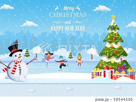 Winter scene with skating children 59544330
