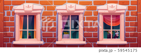 Windows of house or castle, brick wall facade 59545175
