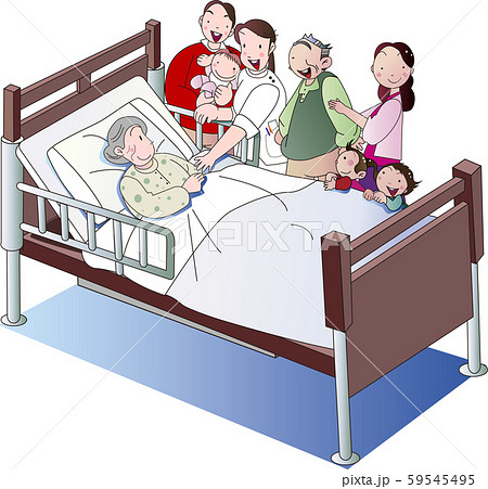 介護ベッドの老人と介護士と家族のイラスト素材