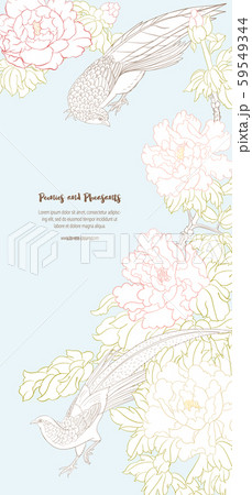Peony tree branch with flowers with pheasants 59549344