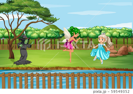 Scene with witch and fairies in the park 59549352