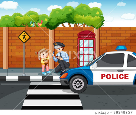 Policeman and lost girl in the city 59549357