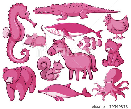 Isolated set of many animals in pink Isolated set of many animals in pink 59549358