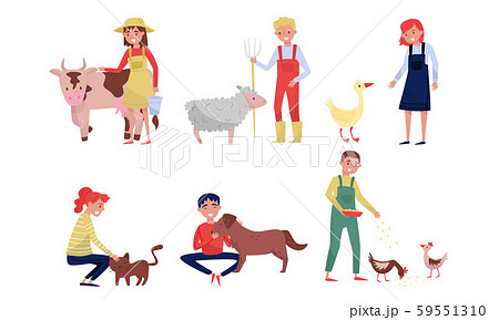 Cartoon Happy Farmers With Animals And Cattle Vector Illustration Set Isolated On White Background 59551310