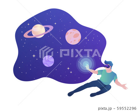 Virtual reality colorful vector illustration with young male gamer in space. Colorful vector illustration for web. 59552296