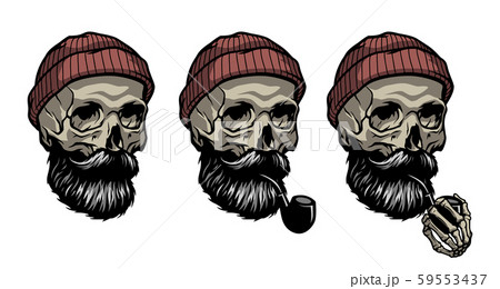 Skull of a sailor in a knitted hat and with a tobacco pipe. In three options. Vector illustration. 59553437