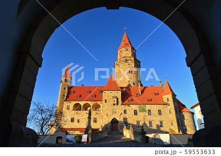 Beautiful old romantic Bouzov castle at sunset Beautiful old romantic Bouzov castle at sunset 59553633