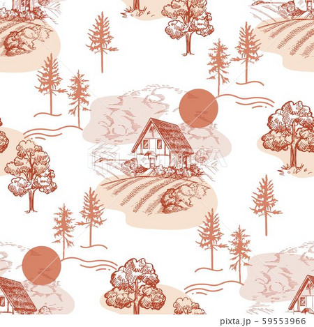 Seamless pattern with village houses and trees. Vintage graphics. 59553966