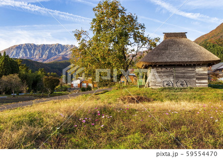 秋の風景_大山と茅葺屋根の小屋 秋の風景_大山と茅葺屋根の小屋 59554470