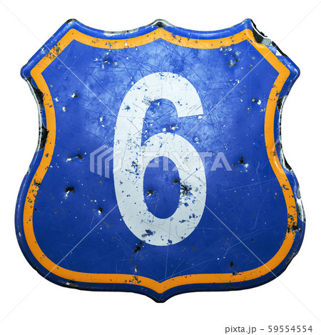 Public road sign in blue and orange color with a capitol white letter 6 in the center isolated 59554554