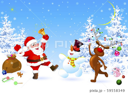 Santa, snowman and deer celebrate Christmas Santa, snowman and deer celebrate Christmas 59558349