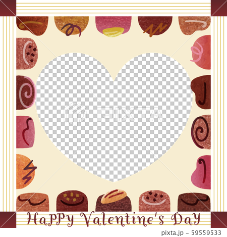バレンタインメッセージハートフォトフレーム 白枠金罫 背景ベージュのイラスト素材