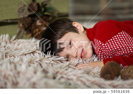 Portrait of a little boy play with pine cones near Portrait of a little boy play with pine cones near 59561636