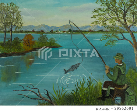 Man sits fishing and catches a fish 59562091