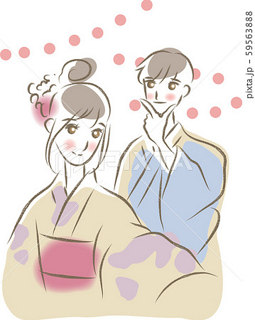 浴衣を着てデートしているカップルが自撮りをしている 59563888