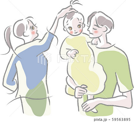 抱っこした子供を世話する3人家族のイラスト素材