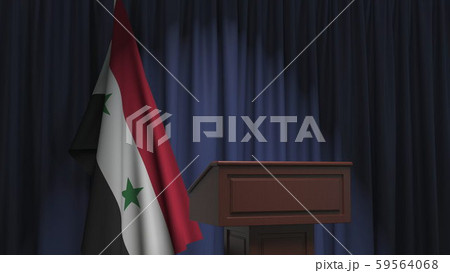 Flag of Syria and speaker podium tribune. Political event or statement related conceptual 3D Flag of Syria and speaker podium tribune. Political event or statement related conceptual 3D 59564068