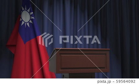 Flag of Taiwan and speaker podium tribune. Political event or statement related conceptual 3D 59564092
