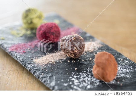 Candy chocolate truffle. Breakfast in the cafe, morning coffee. on wooden table. Restaurant menu Candy chocolate truffle. Breakfast in the cafe, morning coffee. on wooden table. Restaurant menu 59564455