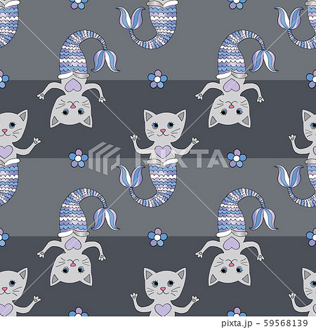 Cat mermaid vector seamless pattern. Hand drawn abstract kitty cartoon background. Swimming cute 59568139